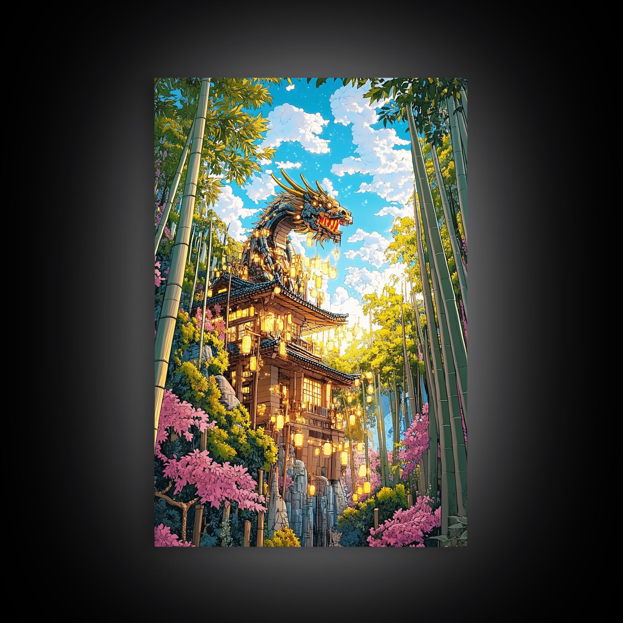 Golden Dragon Pagoda With Cherry Blossoms Canvas Print, Japanese Wall Art, Fantasy Landscape, Asian Home Decor Gift For Her