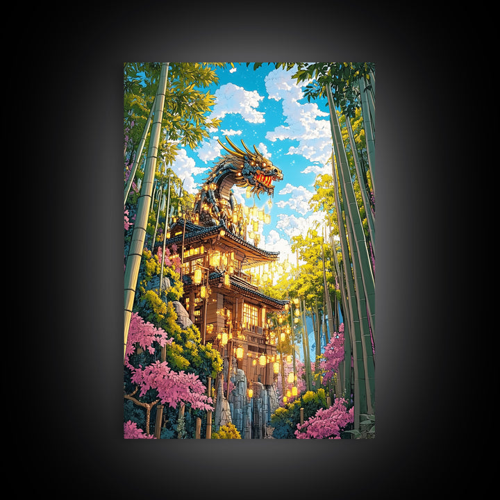 Golden Dragon Pagoda With Cherry Blossoms Canvas Print, Japanese Wall Art, Fantasy Landscape, Asian Home Decor Gift For Her