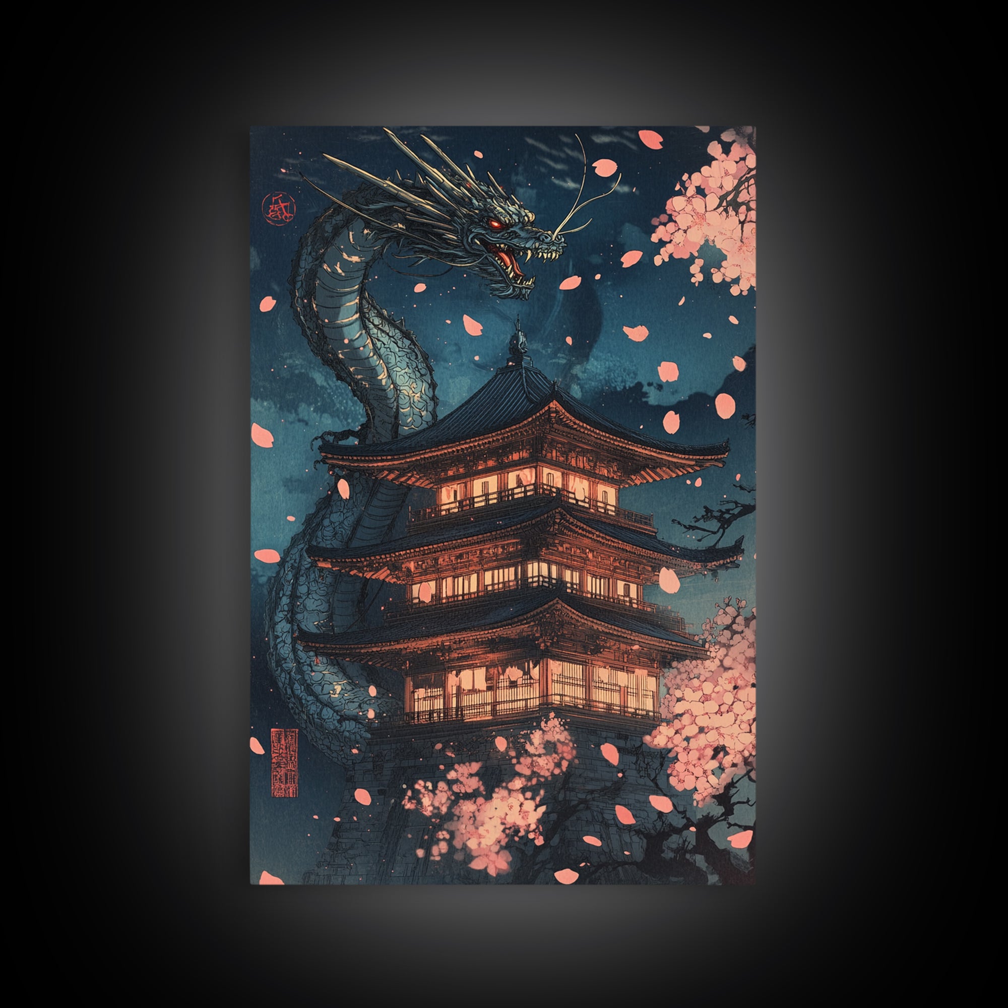 Moonlit Dragon Pagoda With Sakura Petals Framed Canvas Print, Japanese Wall Art, Dark Fantasy Decor, Cherry Blossom Poster