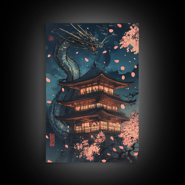 Moonlit Dragon Pagoda With Sakura Petals Framed Canvas Print, Japanese Wall Art, Dark Fantasy Decor, Cherry Blossom Poster