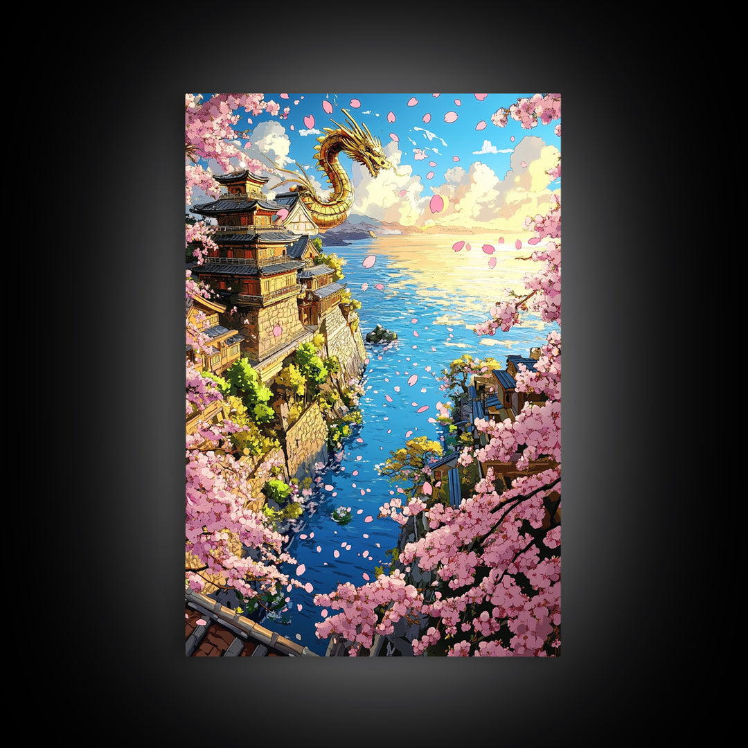 Golden Dragon Over Cherry Blossom Coastal Village Wall Art, Japanese Fantasy Seascape, Ocean Wall Decor Gift, Travel Poster