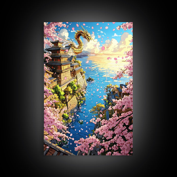 Golden Dragon Over Cherry Blossom Coastal Village Wall Art, Japanese Fantasy Seascape, Ocean Wall Decor Gift, Travel Poster