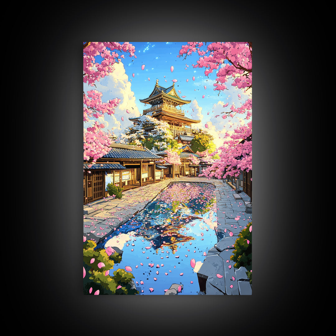 Cherry Blossom Castle Courtyard Reflection Canvas Print, Japanese Wall Art, Spring Landscape Decor, Pink Floral Art Gift