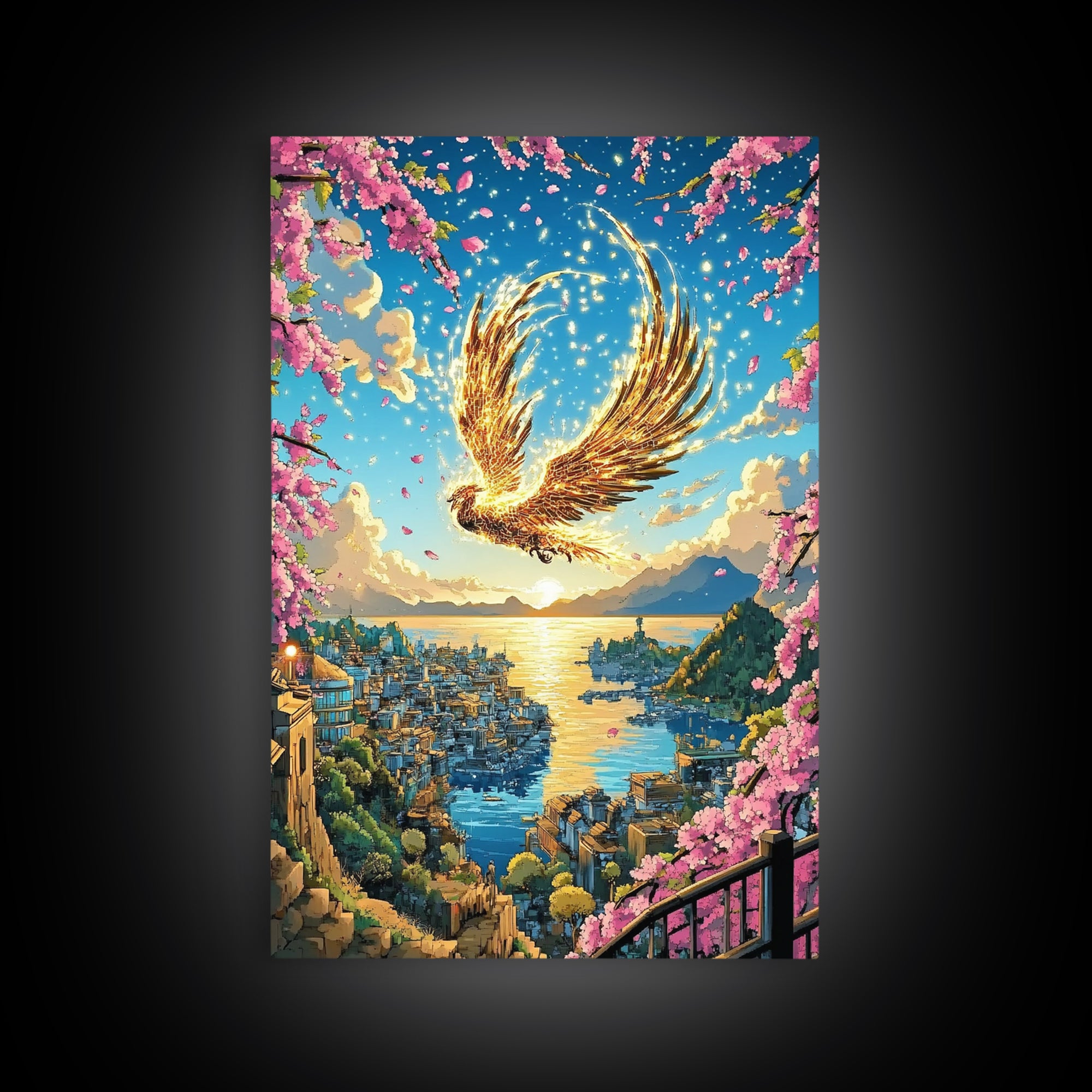 Golden Phoenix Over Harbor At Sunset Wall Art, Cherry Blossom Fantasy Print, Japanese Coastal Decor, Mythical Bird Poster