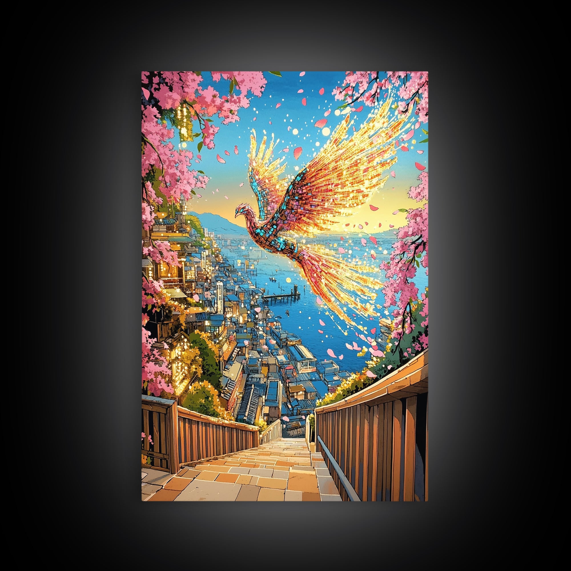 Fiery Phoenix Above Harbor Stairs Canvas Print, Cherry Blossom Japanese Wall Art, Vibrant Coastal Decor, Fantasy Gift For Her