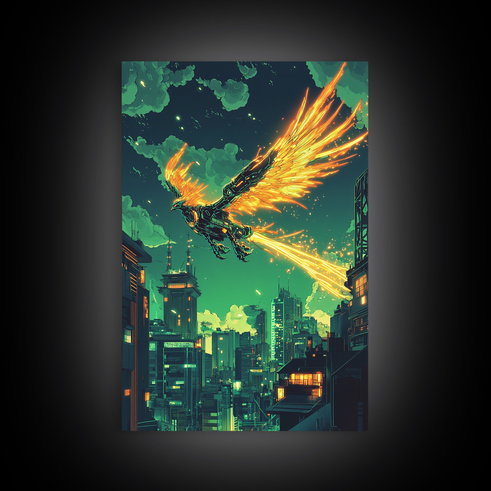 Glowing Phoenix Over Neon City Skyline Wall Art, Cyberpunk Fantasy Print, Sci Fi Decor, Futuristic Gaming Room Poster Gift