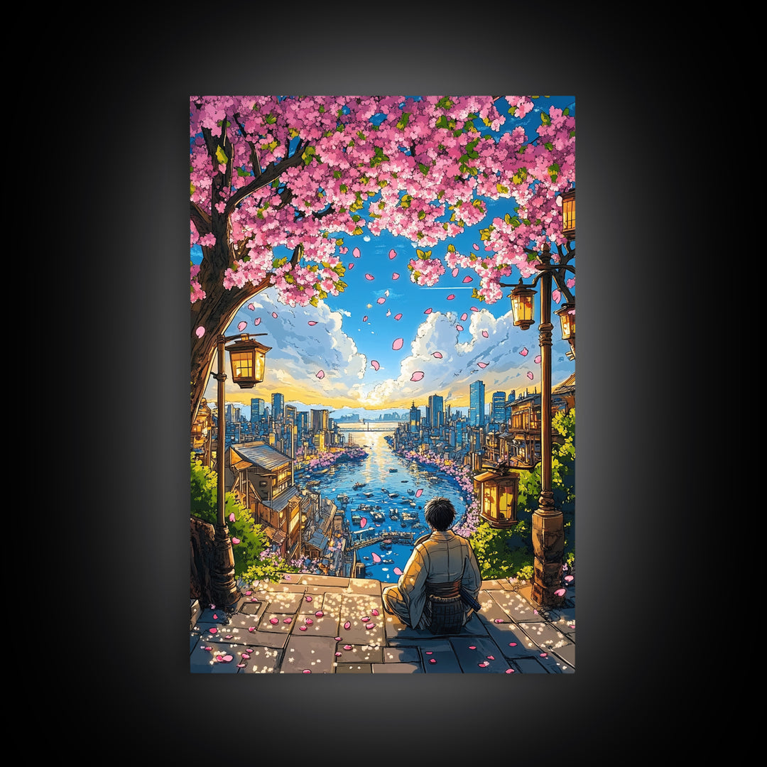 Cherry Blossom Harbor Meditation Wall Art, Japanese Anime Landscape Print, Sakura City Decor, Zen Living Room Decor, Home Decor Gift