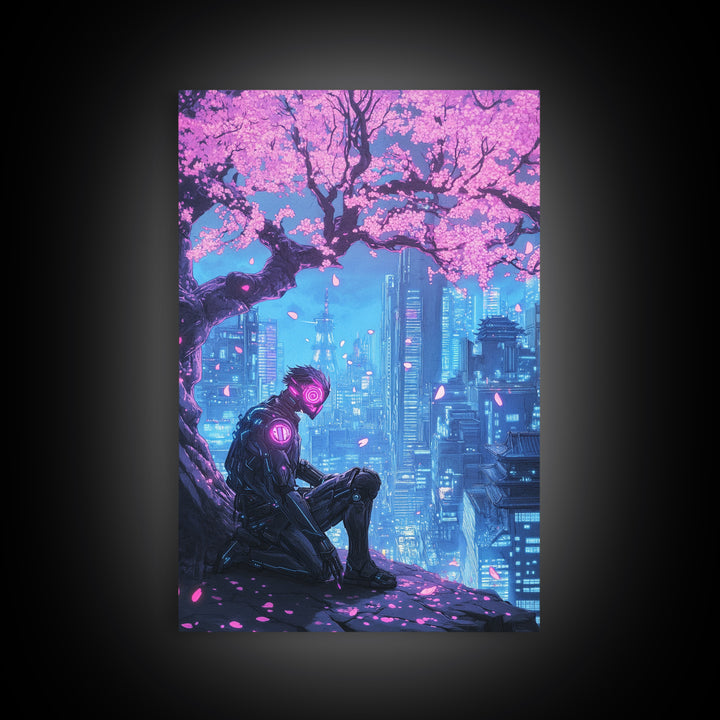 Cyberpunk Samurai Under Sakura Framed Canvas Print, Futuristic City Wall Art, Neon Sci Fi Decor, Gaming Room Wall Decor, Gift For Him