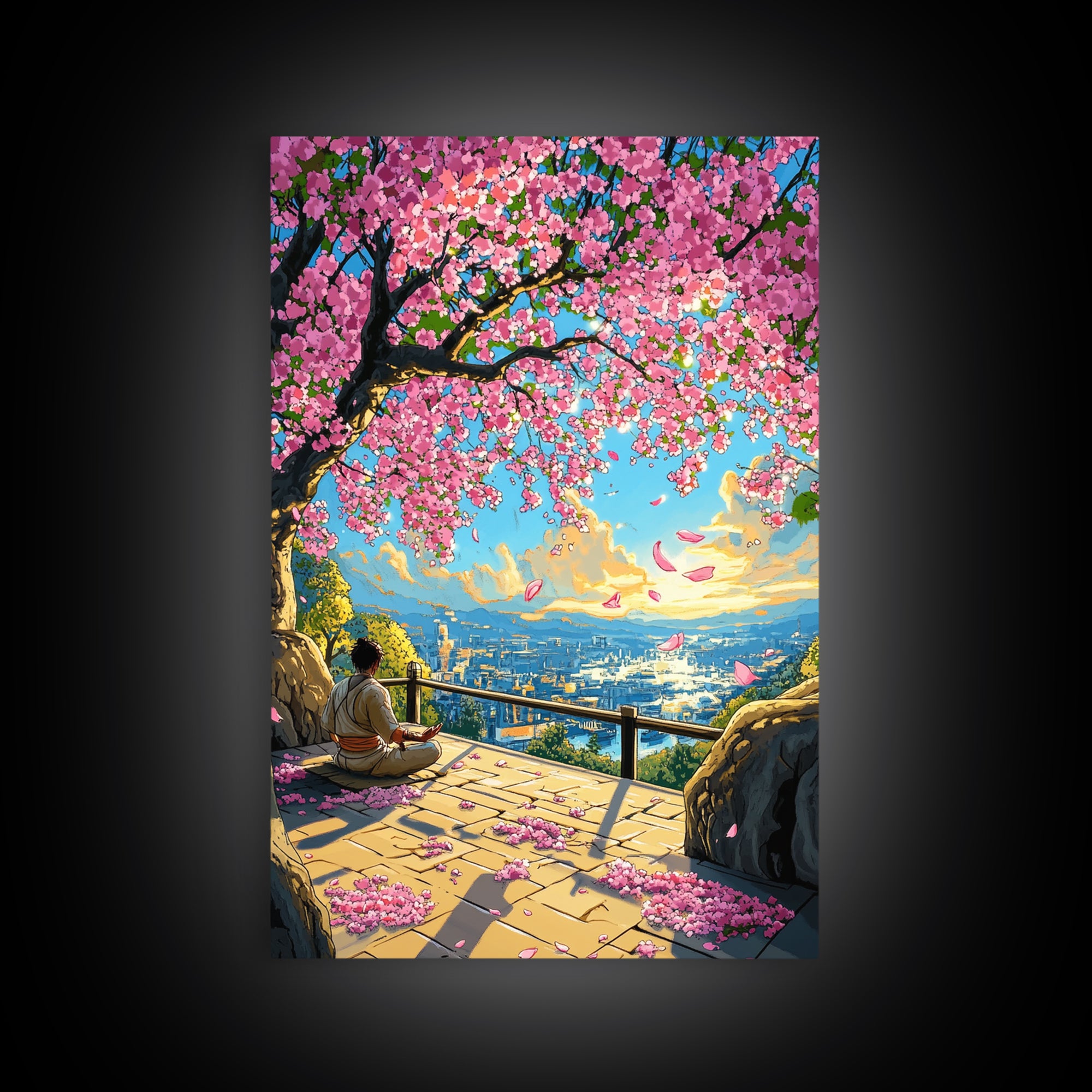 Sakura Terrace Sunset Meditation Wall Art, Japanese City Landscape Print, Cherry Blossom Decor, Zen Bedroom Wall Art, Home Decor Gift