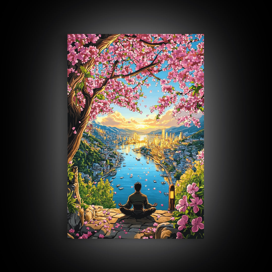 Golden Harbor Sakura Meditation Framed Canvas Print, Japanese Landscape Wall Art, Zen City Decor, Large Living Room Art Print