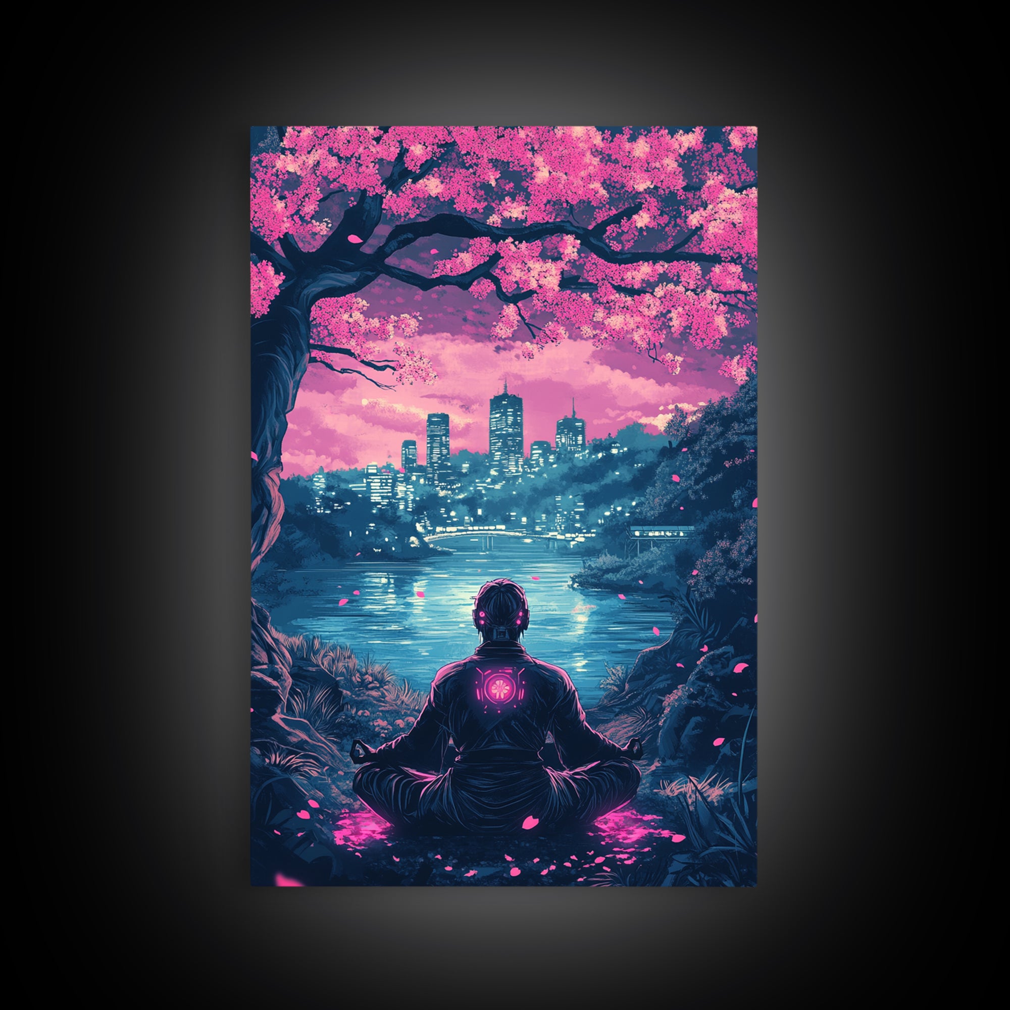 Neon Android Sakura Lake Meditation Wall Art, Cyberpunk Cityscape Print, Pink Cherry Blossom Decor, Sci Fi Bedroom Art, Gaming Room Decor