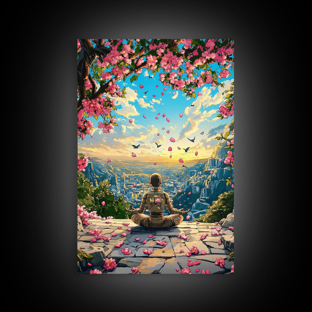Android Meditation Sakura Valley Wall Art, Futuristic Robot Landscape Print, Cherry Blossom Decor, Japanese Anime Wall Decor