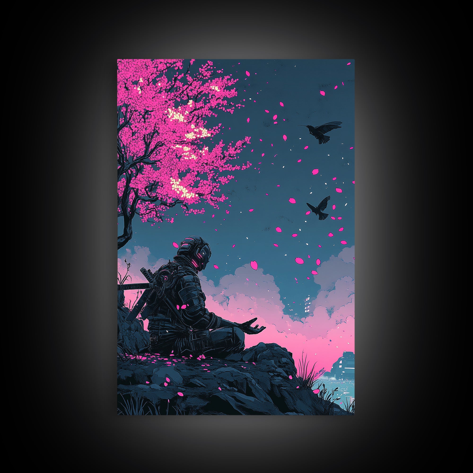 Cyberpunk Warrior Sakura Night Framed Canvas Print, Neon Sci Fi Wall Art, Pink Cherry Blossom Decor, Futuristic Poster, Gift For Him