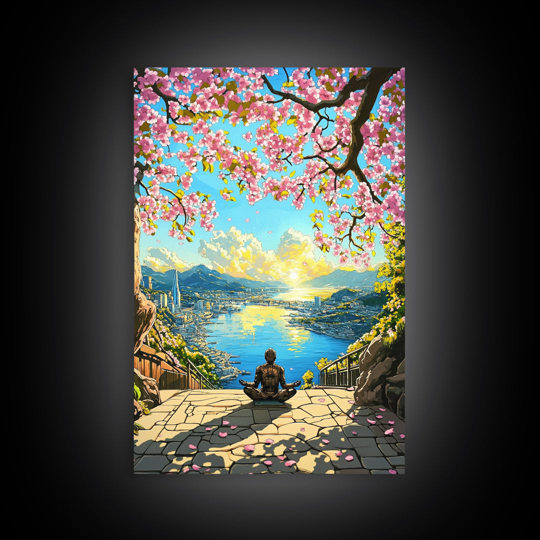 Cherry Blossom Ocean City Meditation Canvas Print, Japanese Landscape Wall Art, Sakura Sunrise Decor, Zen Home Decor Gift
