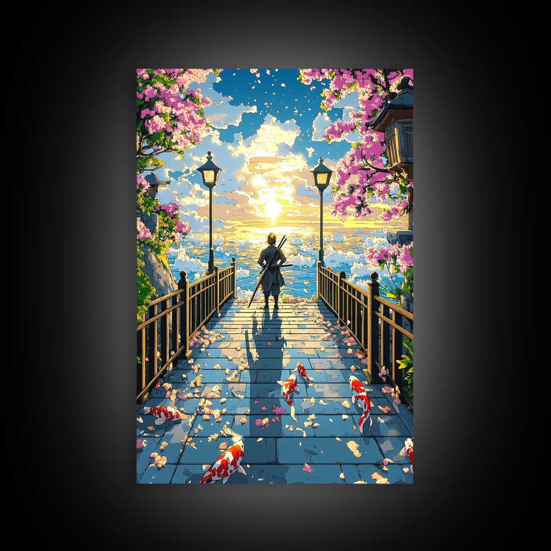 Samurai On Lantern Bridge At Ocean Sunset Wall Art, Japanese Cherry Blossom Koi Print, Anime Landscape Living Room Decor