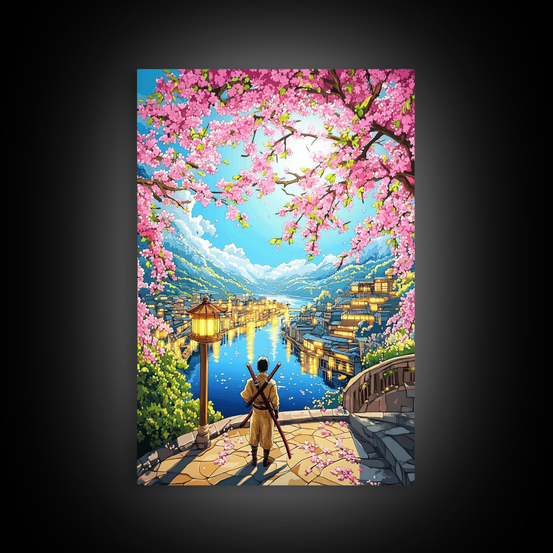 Samurai Over Lake Village With Cherry Blossoms Canvas Print, Japanese Wall Art, Anime Landscape, Travel Inspired Home Decor