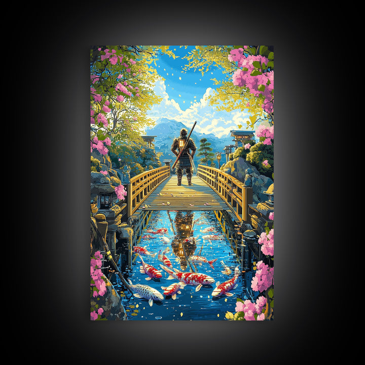 Samurai On Wooden Bridge Above Koi Pond Framed Canvas Print, Japanese Wall Art, Cherry Blossom Mountain Landscape Decor Print