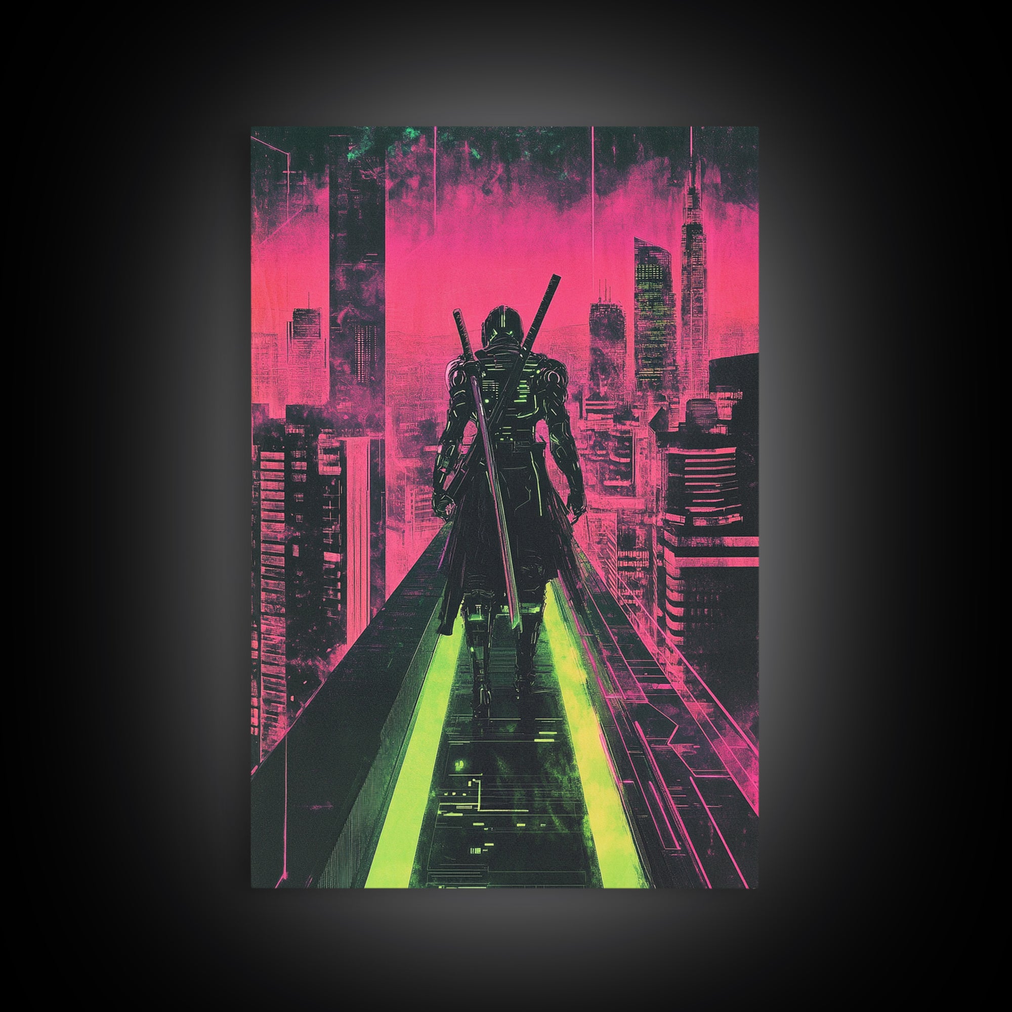 Cyberpunk Samurai On Neon Rooftop Wall Art, Futuristic Cityscape Poster, Pink Green Sci Fi Gaming Room Decor For Him Gift
