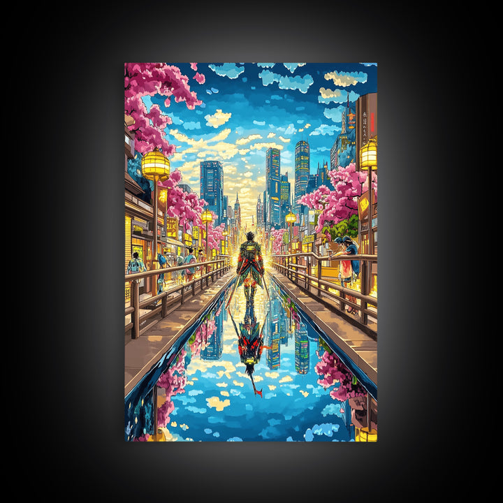 Samurai In Modern City Canal Reflection Canvas Print, Japanese Cherry Blossom Wall Art, Cyberpunk Anime Living Room Decor