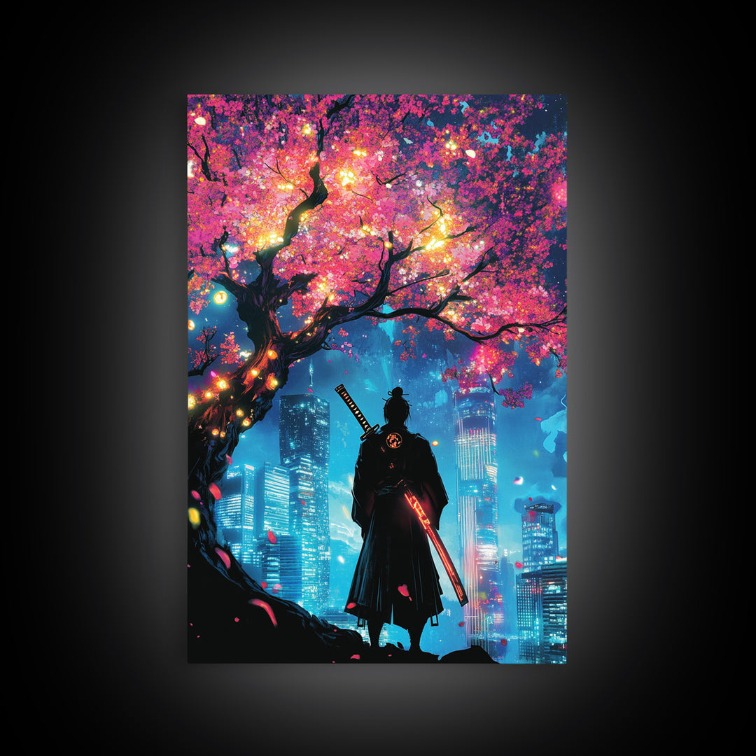 Cyberpunk Samurai Under Glowing Sakura Tree Wall Art, Neon Japanese Cityscape, Moody Anime Poster, Gaming Room Decor Gift For Him