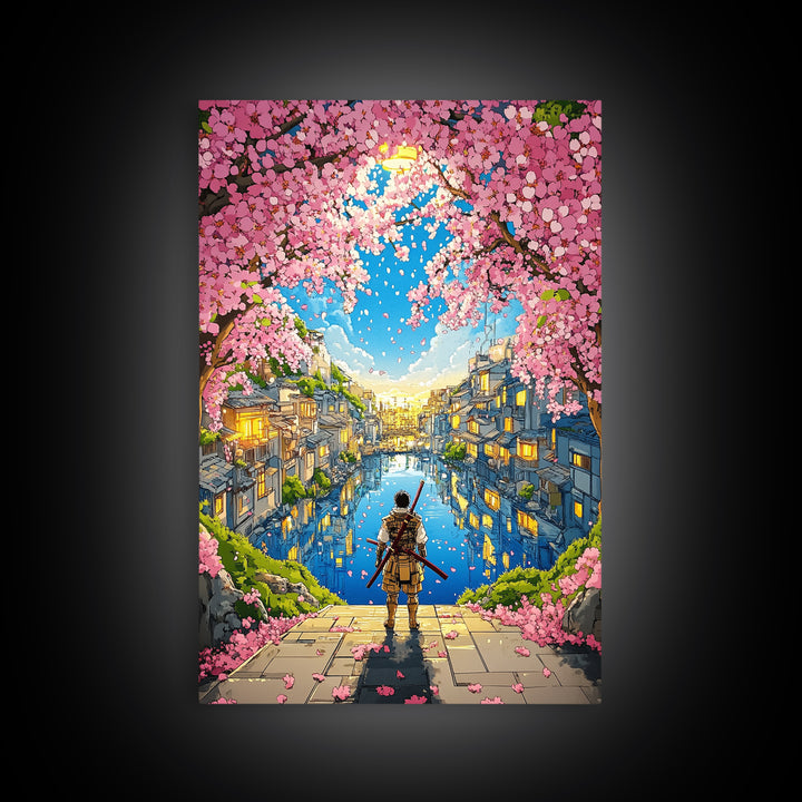 Samurai By Cherry Blossom Canal In Japanese Town Framed Canvas Print, Anime Landscape Wall Art, Cozy Living Room Decor Print