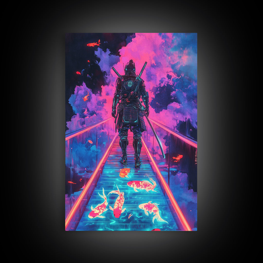Neon Samurai On Glowing Koi Bridge Framed Canvas Print, Cyberpunk Wall Art, Surreal Japanese Anime Gaming Room Decor Gift