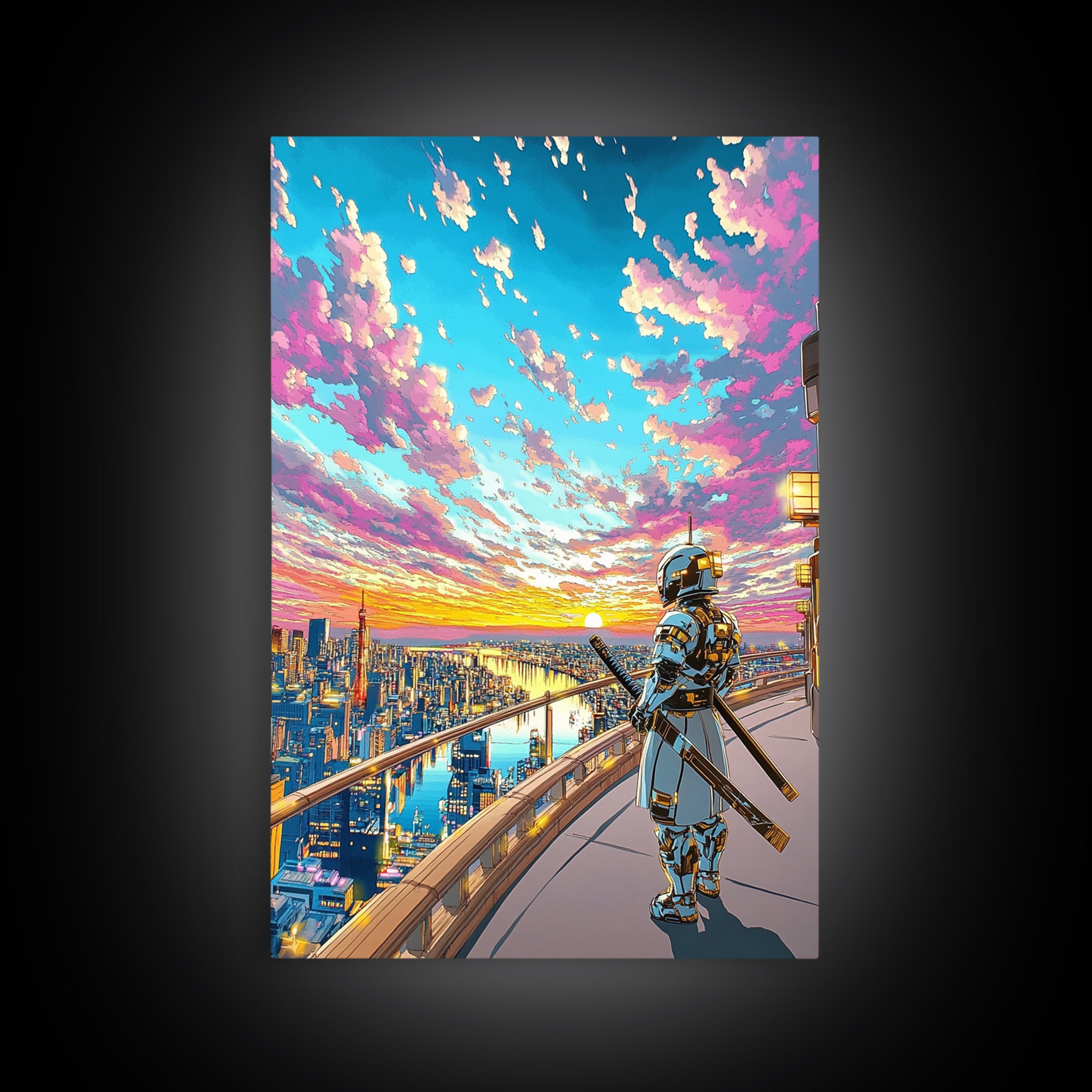Samurai On Skyline Balcony At Pink Sunset Canvas Print, Japanese Cyberpunk Wall Art, Anime Cityscape Home Office Decor Print