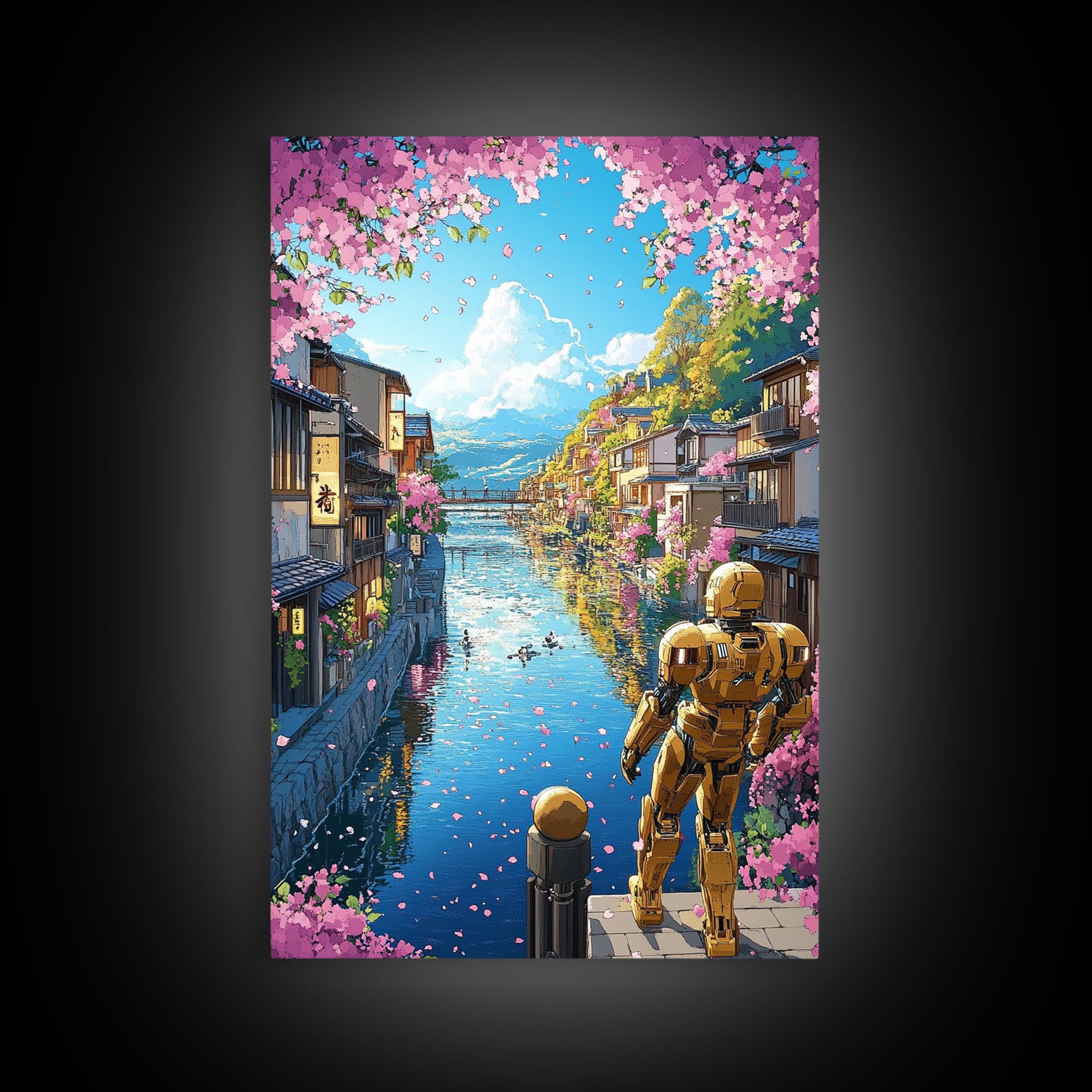 Golden Robot By Sakura Canal Wall Art, Japanese Cityscape Canvas, Futuristic Kyoto Decor, Anime Landscape Print For Living Room Decor