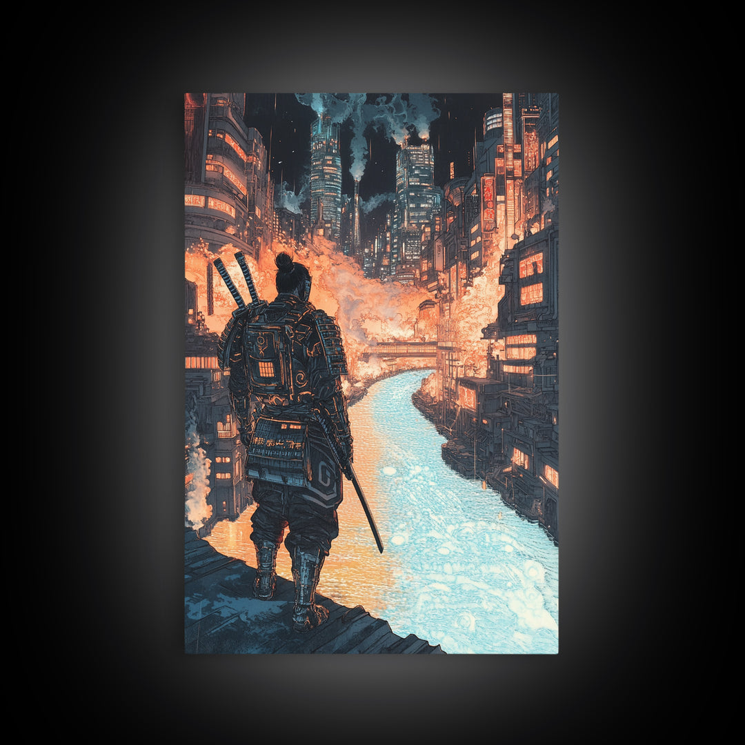 Cyberpunk Samurai Over Neon Canal Framed Canvas Print, Futuristic Japanese City Wall Decor, Sci Fi Warrior Office Art Print