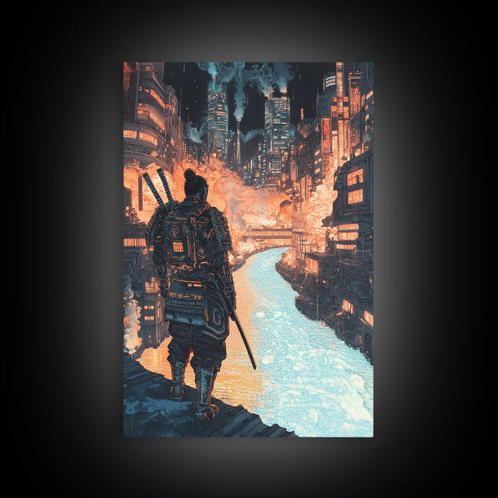 Cyberpunk Samurai Over Neon Canal Framed Canvas Print, Futuristic Japanese City Wall Decor, Sci Fi Warrior Office Art Print