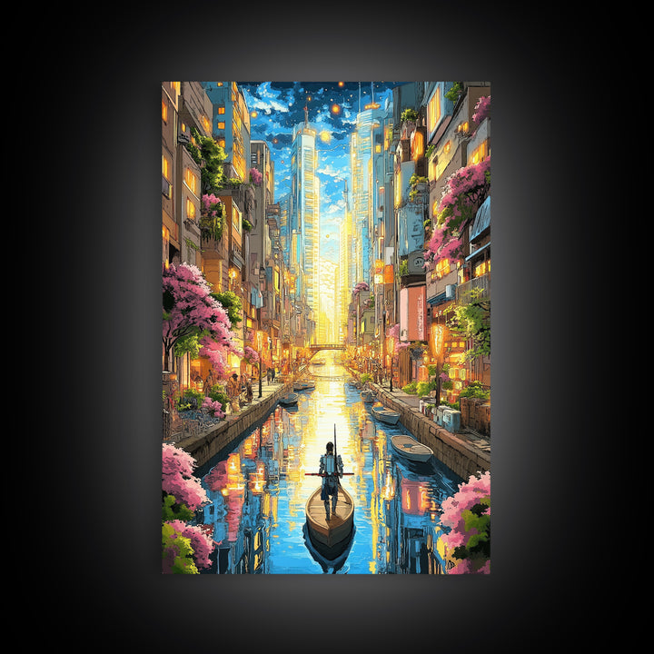 Lone Boat On Glowing Urban Canal Wall Art, Futuristic Cityscape Canvas Print, Sakura Skyline Living Room Decor, Modern Home Decor