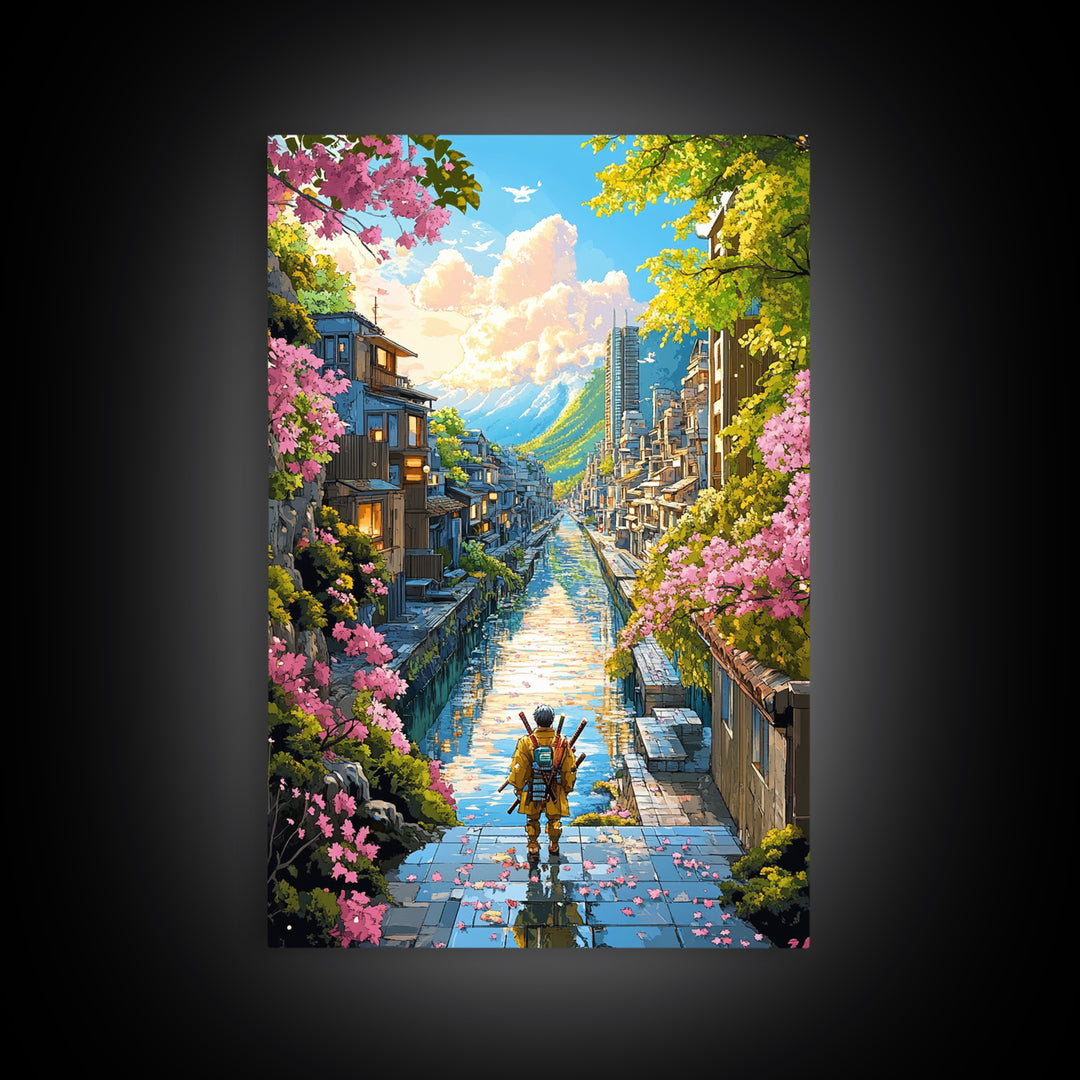 Samurai On Stone Steps Above Canal Framed Canvas Print, Japanese Mountain City Wall Art, Sakura Landscape Home Decor Gift