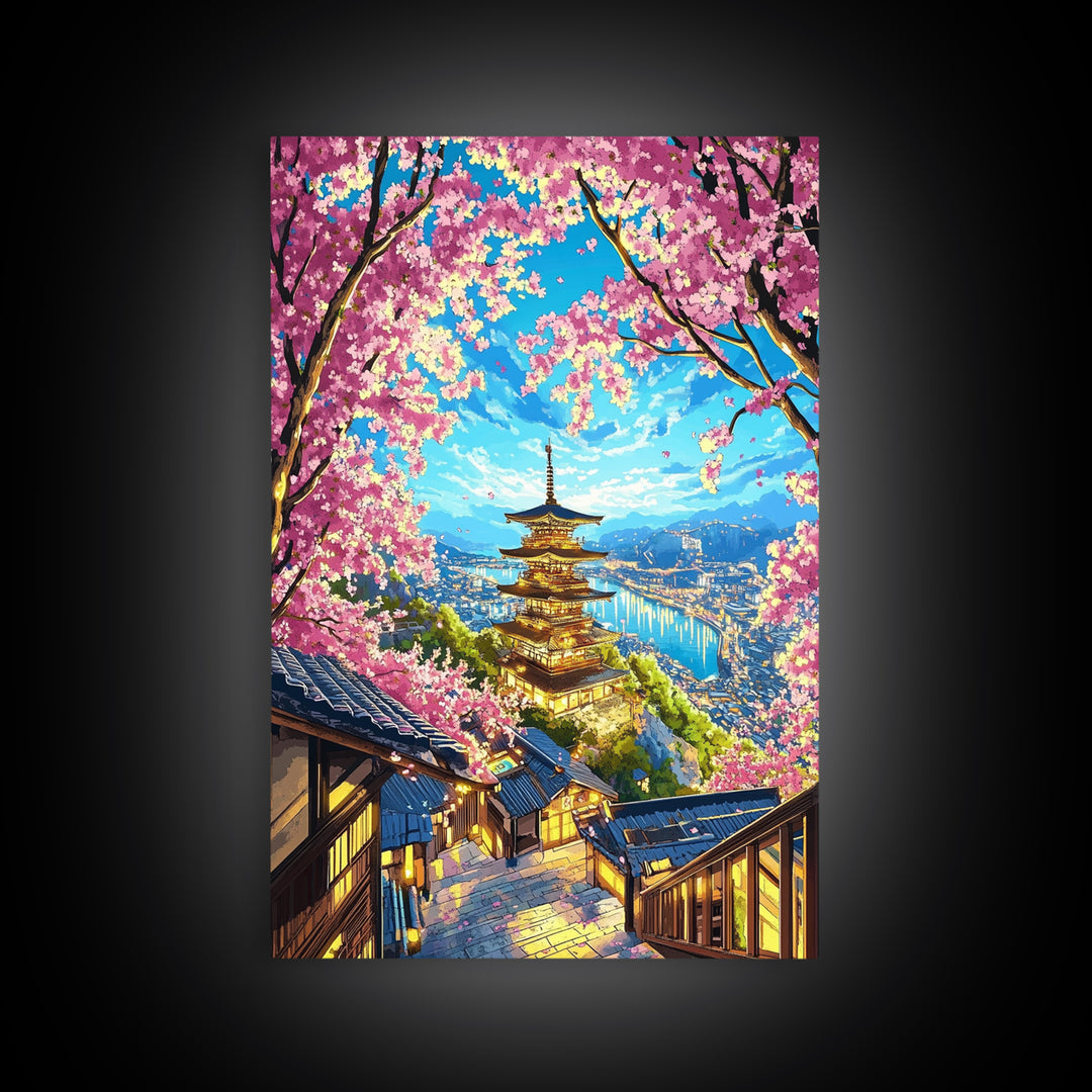 Golden Pagoda Above Blue Harbor Wall Art, Cherry Blossom Japanese Landscape Canvas Print, Kyoto Travel Home Decor Gift For Her