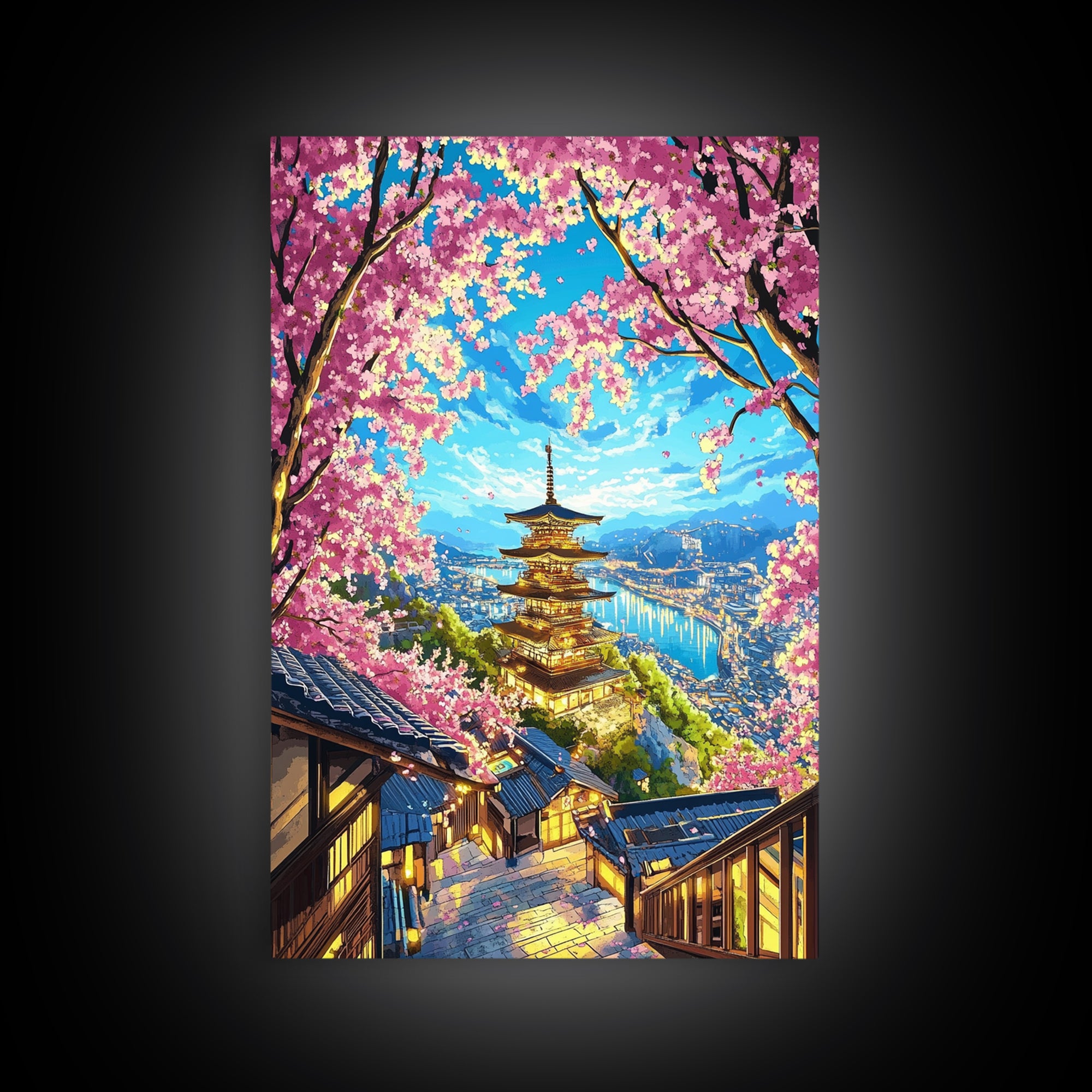 Golden Pagoda Above Blue Harbor Wall Art, Cherry Blossom Japanese Landscape Canvas Print, Kyoto Travel Home Decor Gift For Her