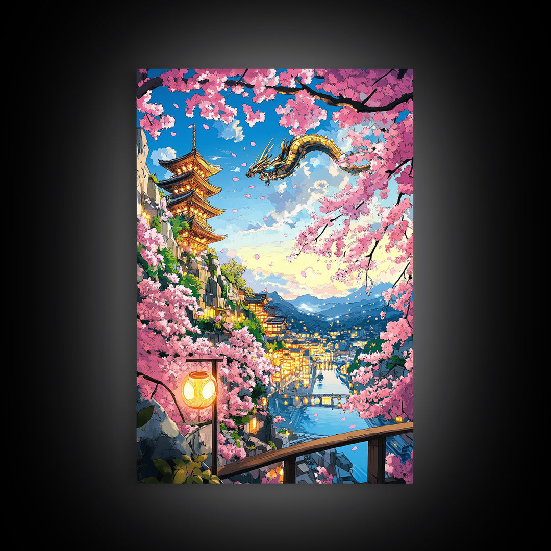 Flying Dragon Above Sakura Pagoda Framed Canvas Print, Japanese Fantasy Landscape Wall Art, Pink Cherry Blossom Decor Print