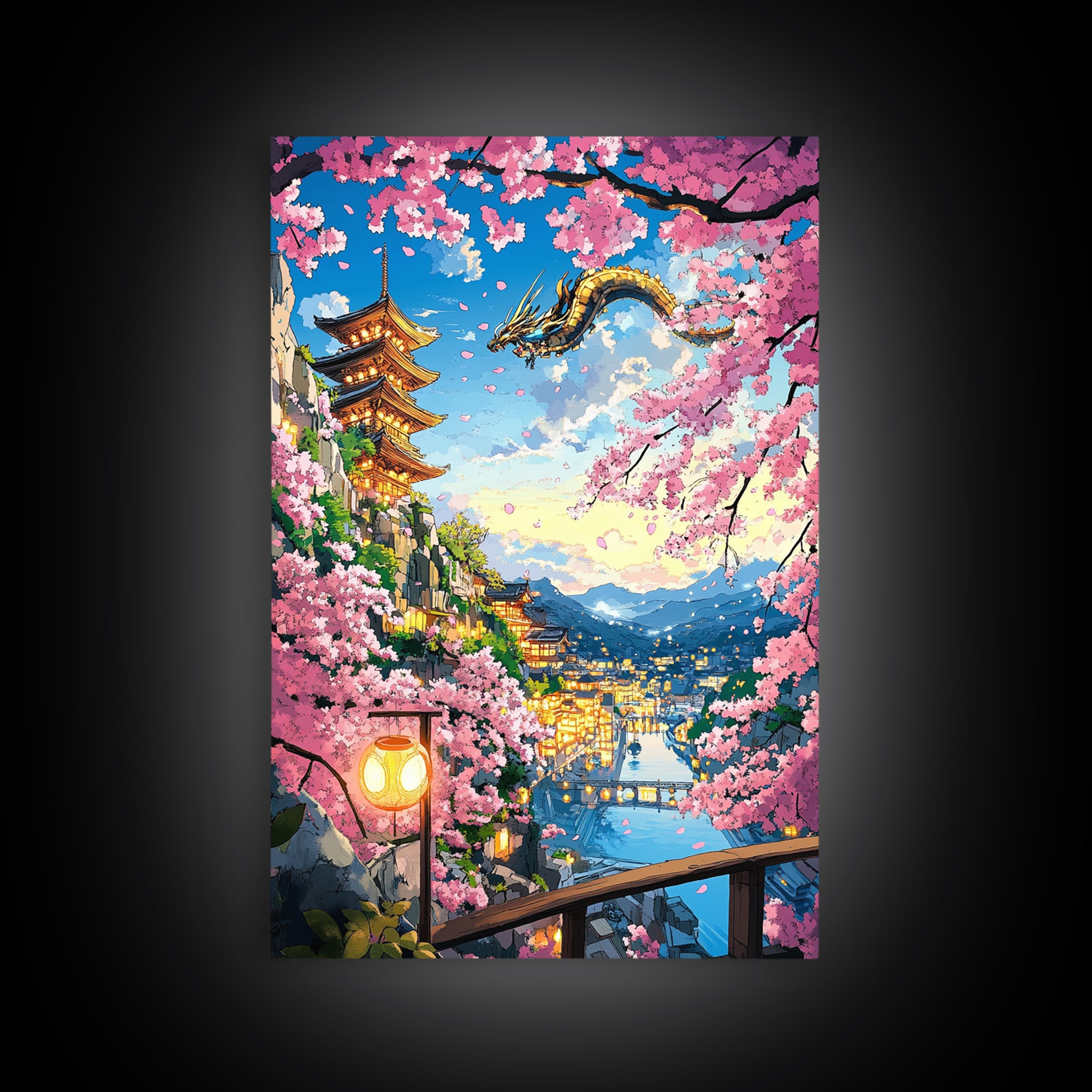 Flying Dragon Above Sakura Pagoda Framed Canvas Print, Japanese Fantasy Landscape Wall Art, Pink Cherry Blossom Decor Print