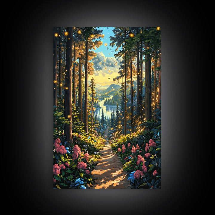 Enchanted Forest Path With Fireflies Wall Art, Mountain Lake Canvas Print, Whimsical Nature Landscape Home Decor Gift For Her