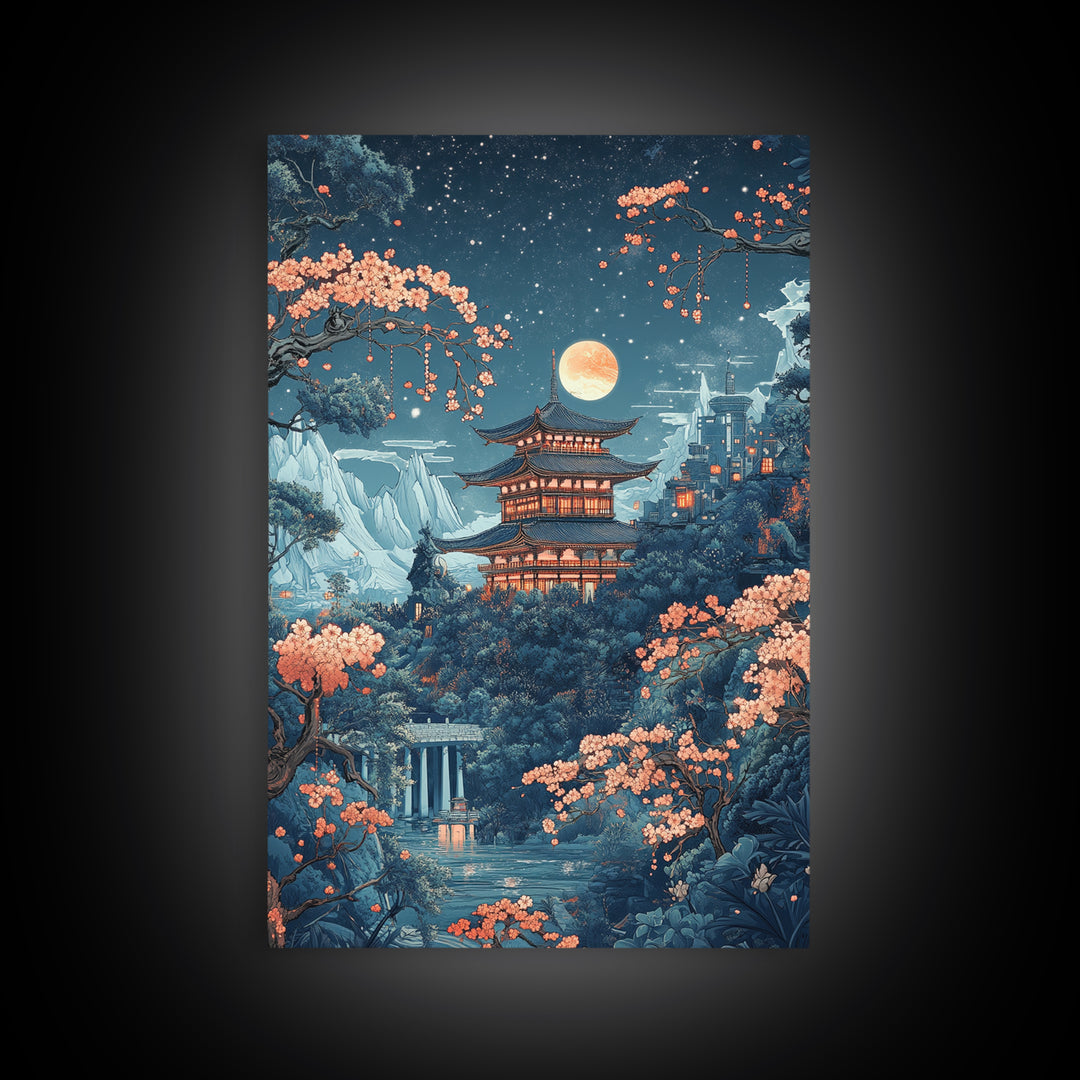 Moonlit Pagoda In Sakura Garden Framed Canvas Print, Japanese Night Landscape Wall Art, Celestial Asian Home Decor Moon Art