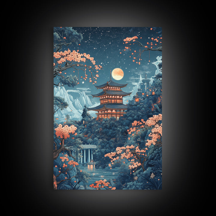 Moonlit Pagoda In Sakura Garden Framed Canvas Print, Japanese Night Landscape Wall Art, Celestial Asian Home Decor Moon Art