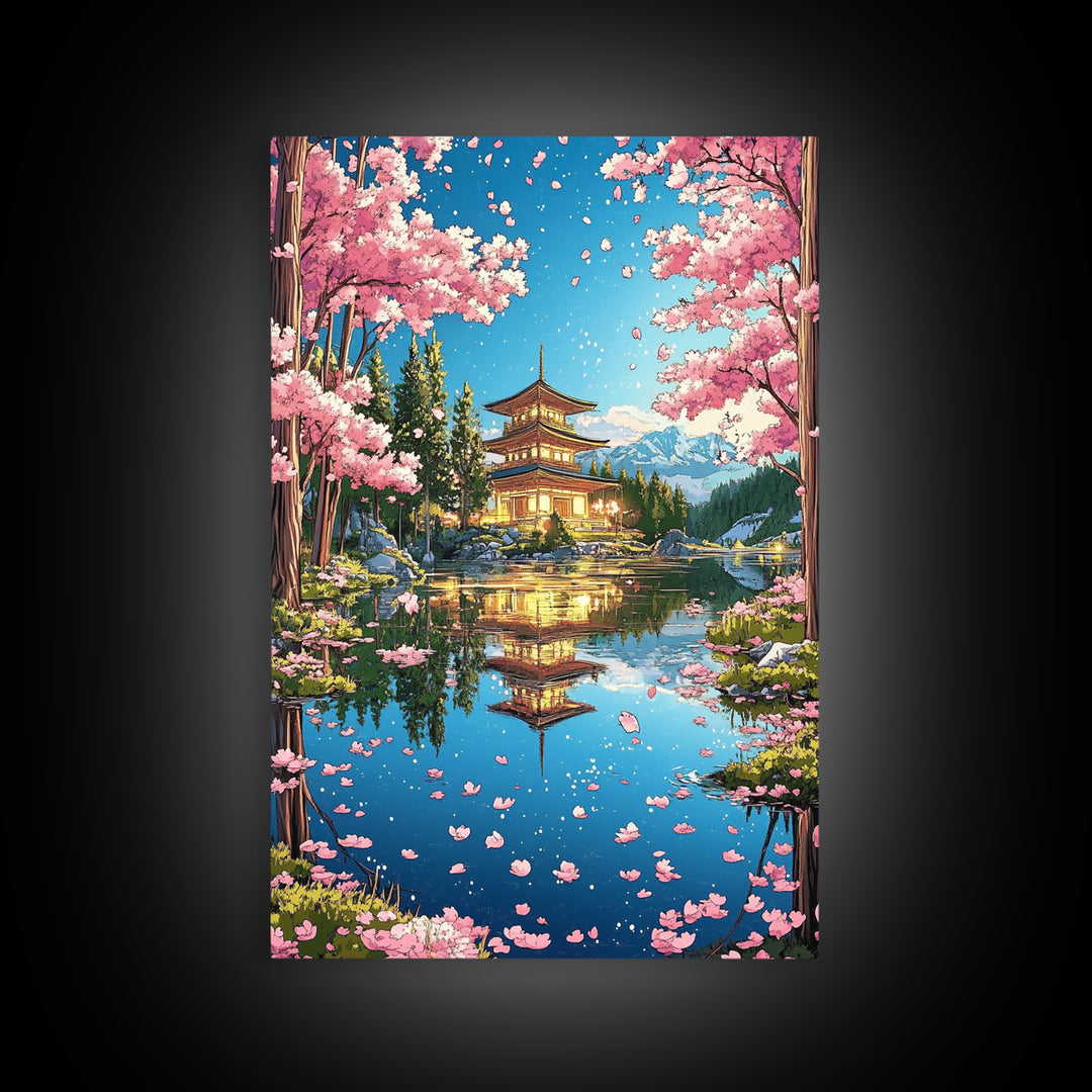 Cherry Blossom Pagoda Lake Reflection Wall Art, Japanese Landscape Canvas, Sakura Temple Decor, Serene Asian Home Decor Print