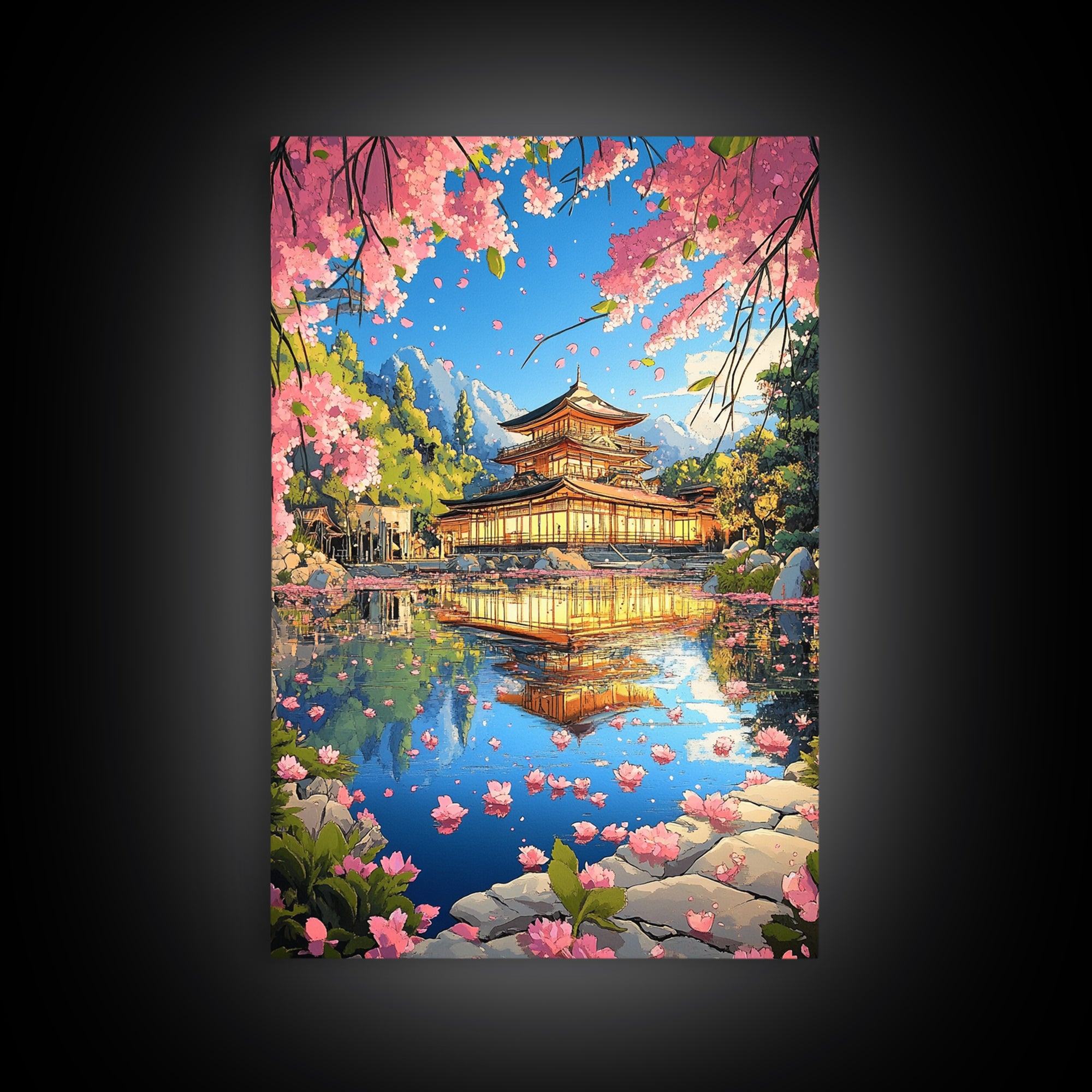 Golden Sakura Temple Reflection Canvas Print, Japanese Garden Wall Decor, Cherry Blossom Lake Art For Serene Home Decor Gift