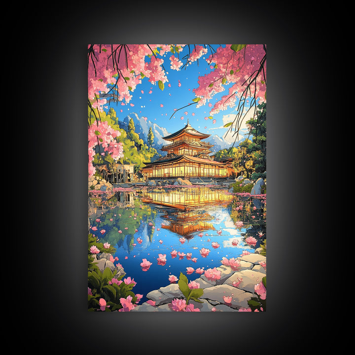 Golden Sakura Temple Reflection Canvas Print, Japanese Garden Wall Decor, Cherry Blossom Lake Art For Serene Home Decor Gift