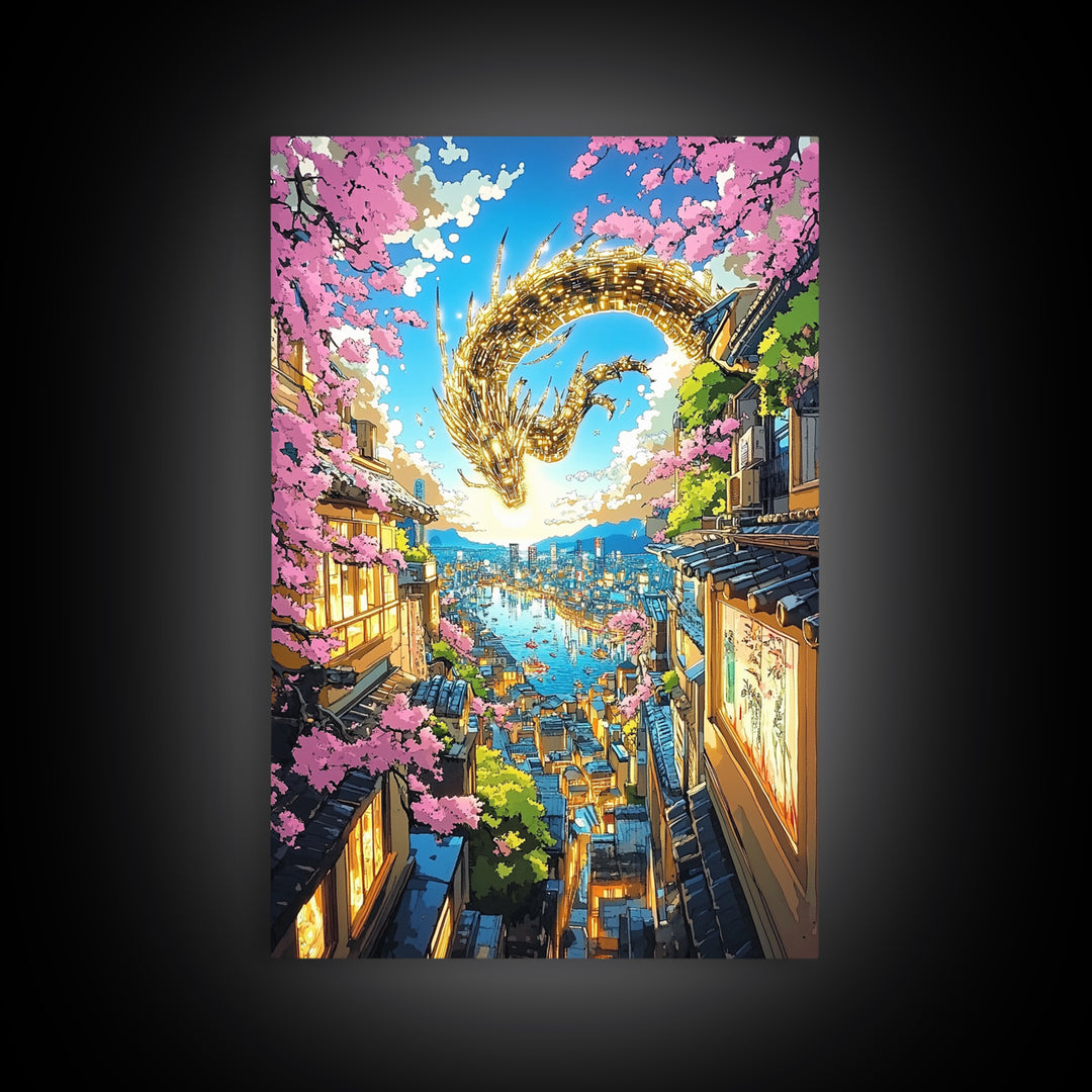 Golden Dragon Over Sakura Harbor Wall Art, Fantasy Japanese Cityscape Print, Cherry Blossom Decor For Asian Home Decor Gift