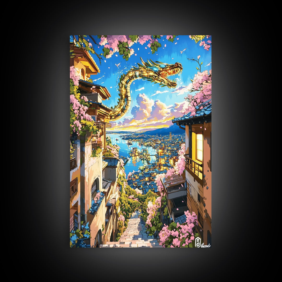 Serpentine Dragon Above Coastal Village Canvas Print, Japanese Fantasy Wall Decor, Sakura Sunset Art For Bold Home Decor