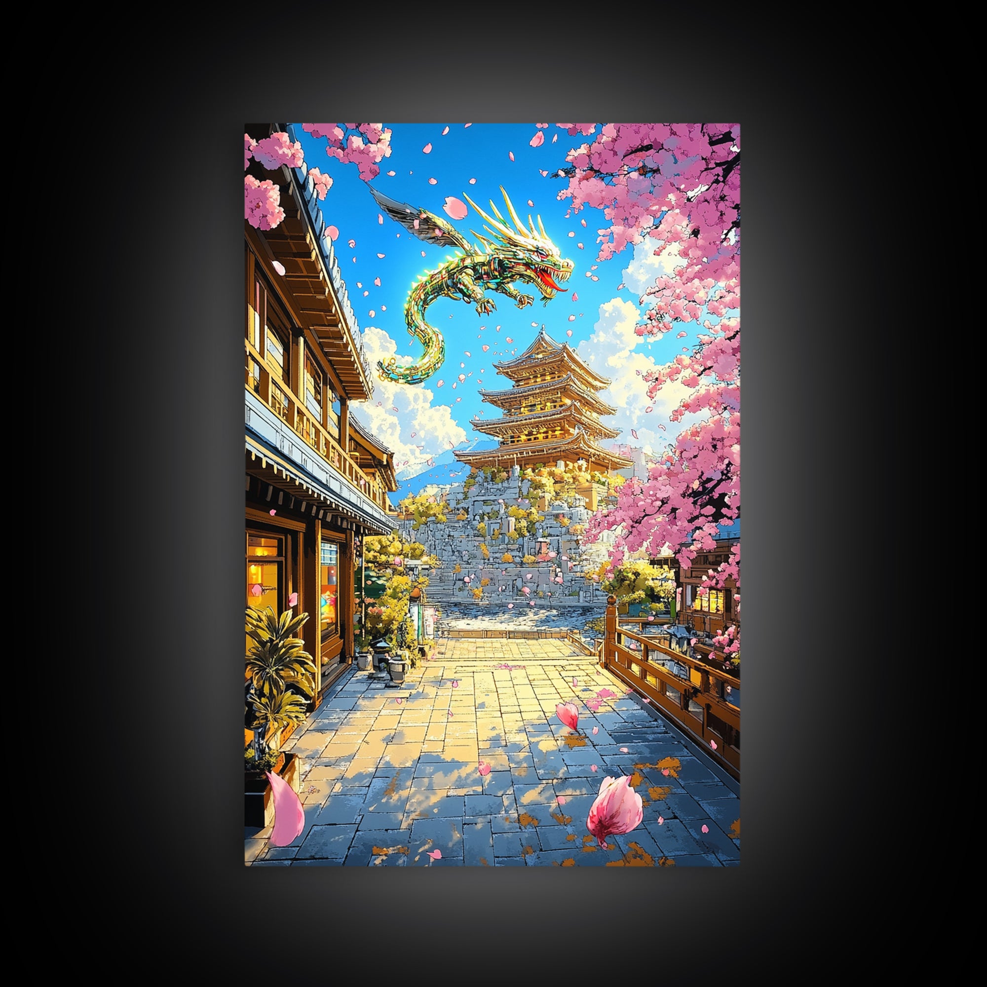 Golden Dragon Over Sakura Pagoda Framed Canvas Print, Japanese Fantasy Wall Art, Cherry Blossom Temple Decor For Living Room