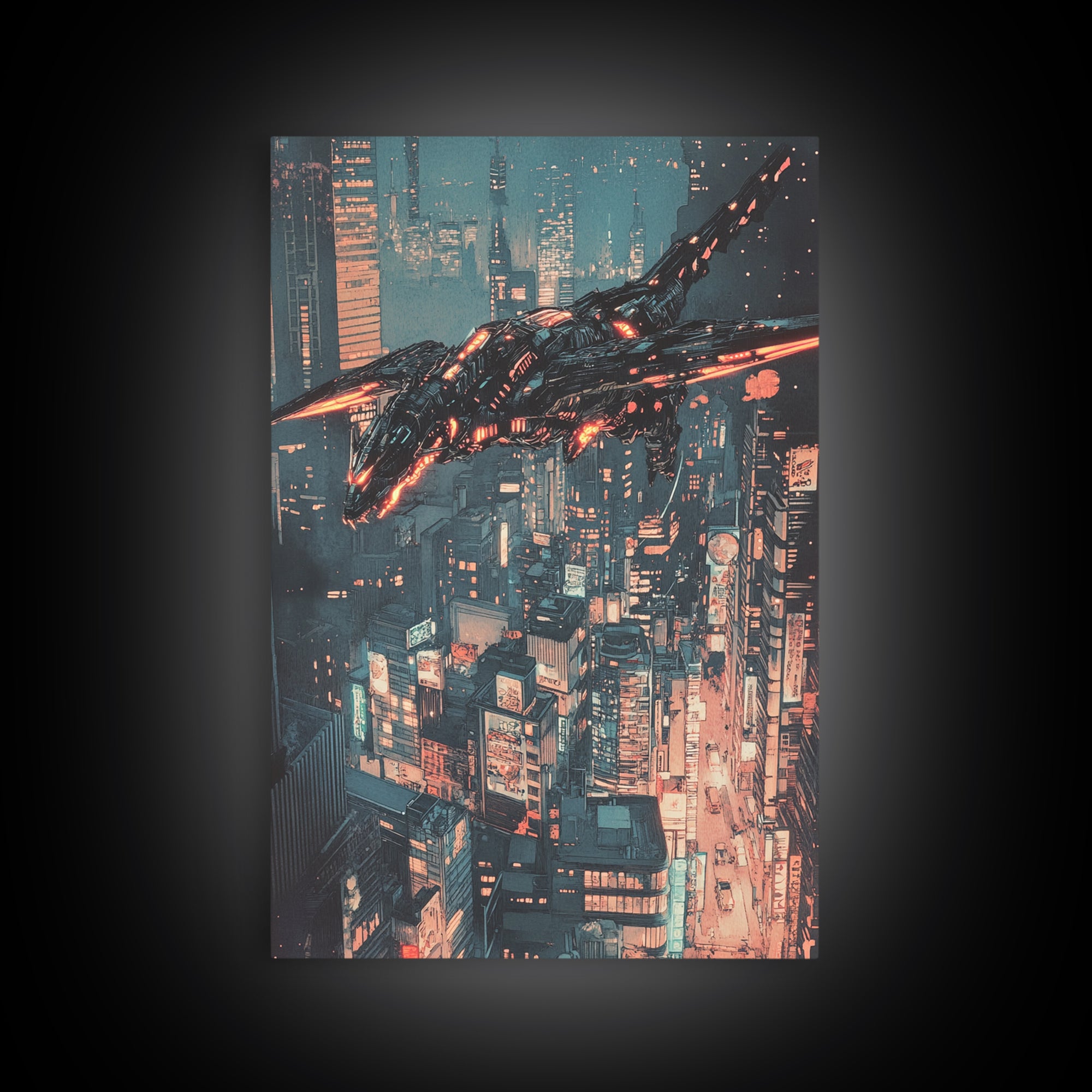 Cyberpunk Mechanical Dragon Over Neon City Wall Art, Futuristic Sci Fi Canvas, Dystopian Urban Decor For Gaming Room Poster