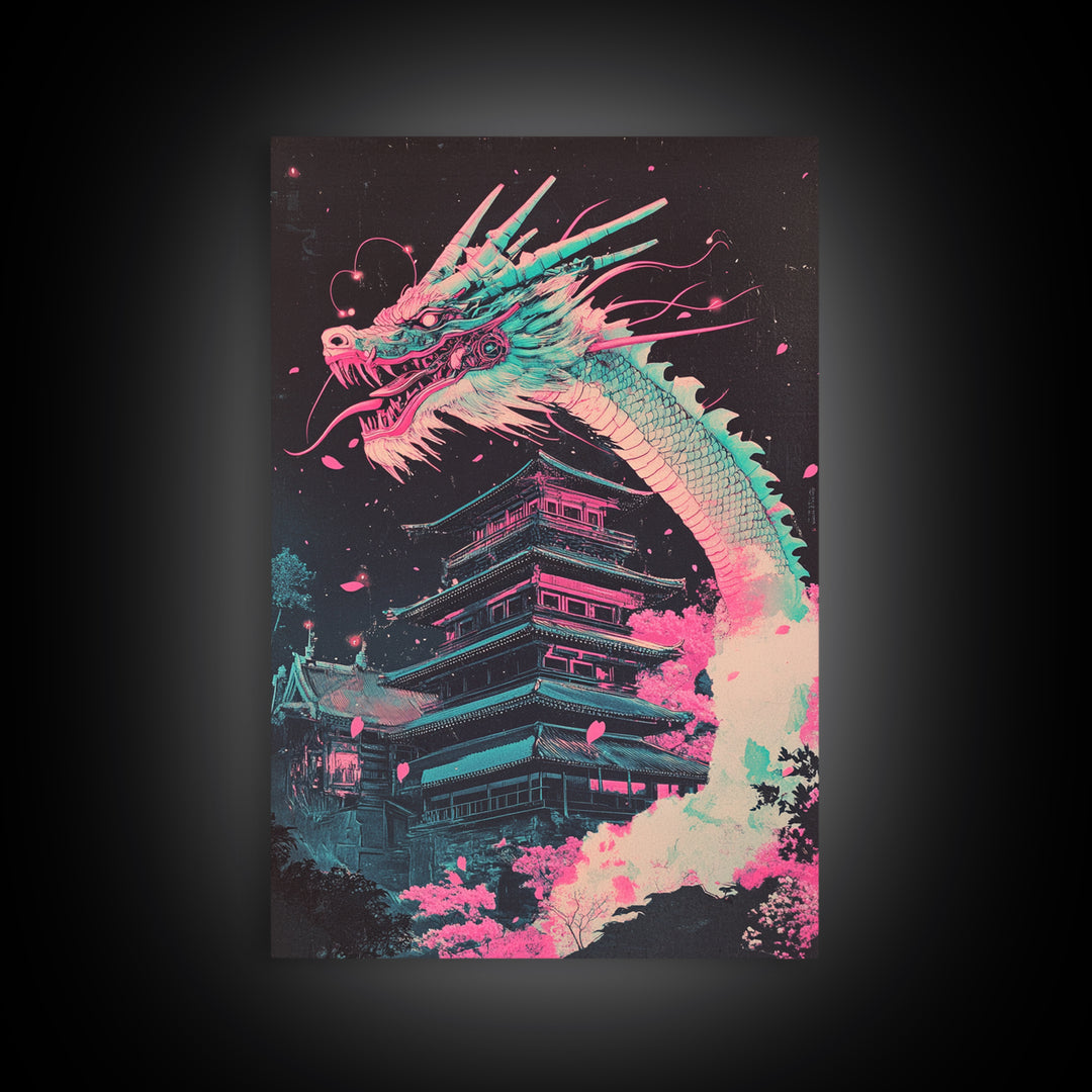 Neon Dragon Rising Over Midnight Pagoda Canvas Print, Japanese Cyberpunk Wall Art, Pink Sakura Fantasy Decor For Gaming Room