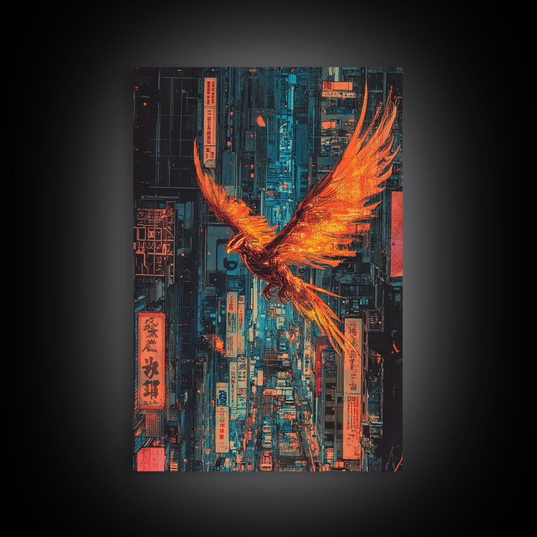 Fiery Phoenix Flying Through Neon Alley Wall Art, Cyberpunk City Canvas, Orange Bird Poster For Modern Office Decor Gift