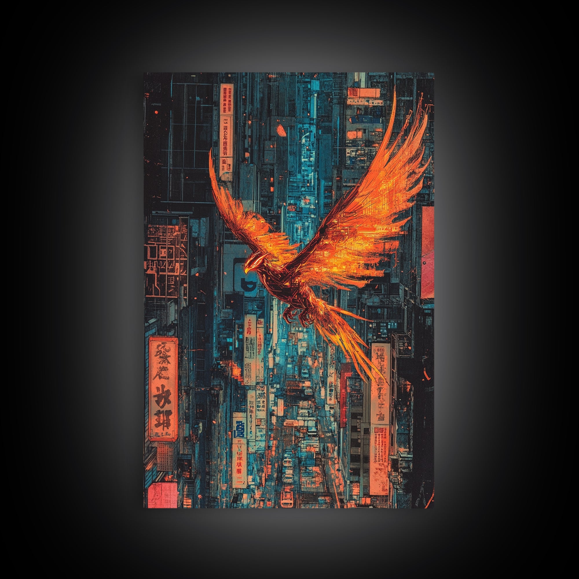 Fiery Phoenix Flying Through Neon Alley Wall Art, Cyberpunk City Canvas, Orange Bird Poster For Modern Office Decor Gift
