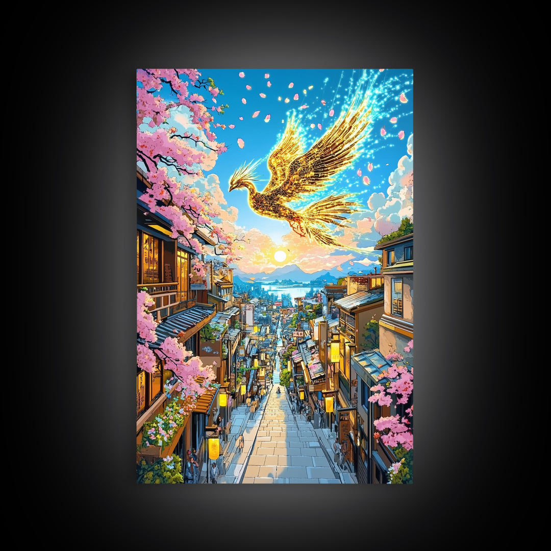 Golden Phoenix Over Sakura Hillside Town Framed Canvas Print, Japanese Fantasy Wall Art, Cherry Blossom Sunrise Decor For Home